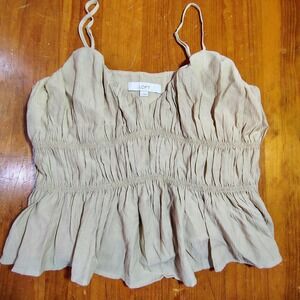LOFT Smocked Peplum Cami Tank‎ Top Khaki Women's Size S Ruffled V Neck boho